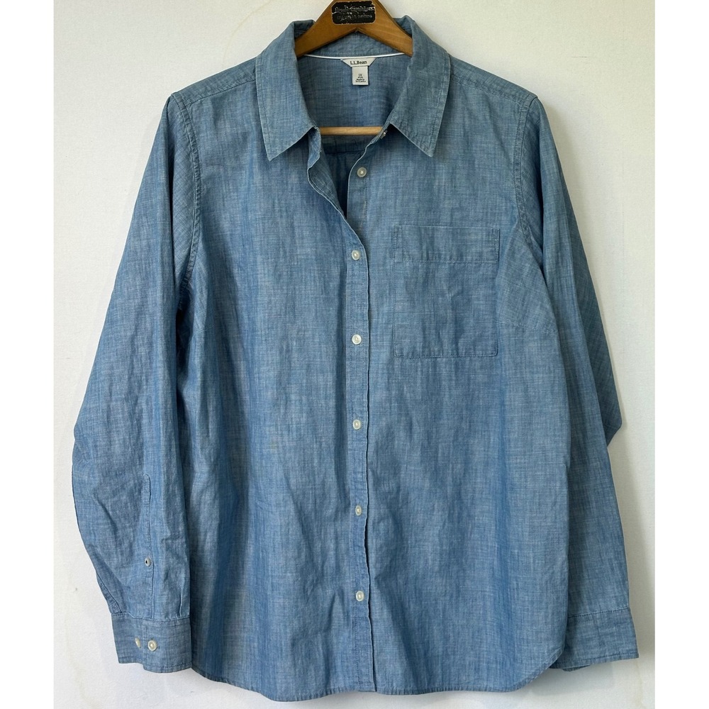 L.L.Bean Chambray Button Down Shirt Womens 1X Blue Classic Minimalism